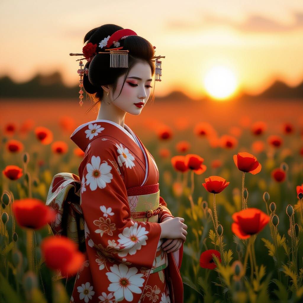 Geisha in Poppy Field: Hyper-Realistic Oil Painting