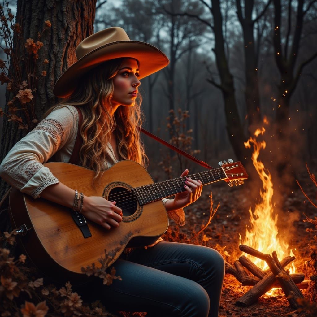 Hyperrealistic Cowgirl Singing by Campfire at Night