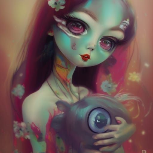 Colorful Rag Doll with Big Eyes, Textured Painting
