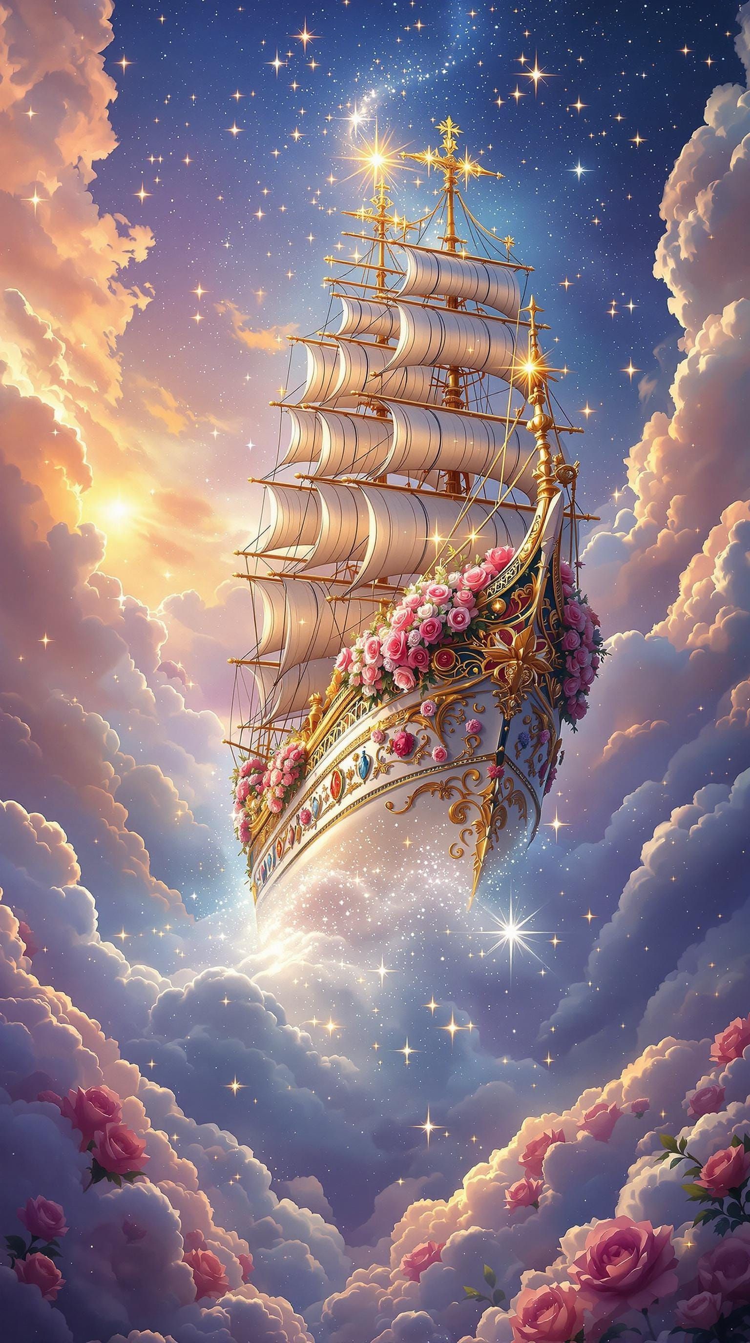 Majestic Princess Ship with Floral Bows and Glittering Light...