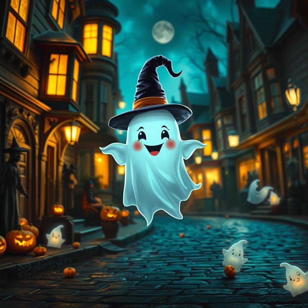 Cute Ghost Celebrates Halloween with Haunted Houses
