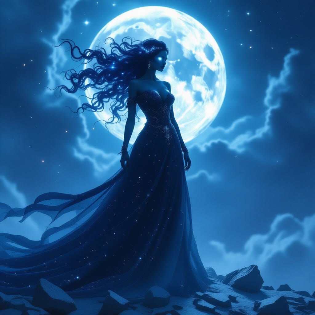 Cosmic Horror Goddess on Shattered Moon as Digital Painting