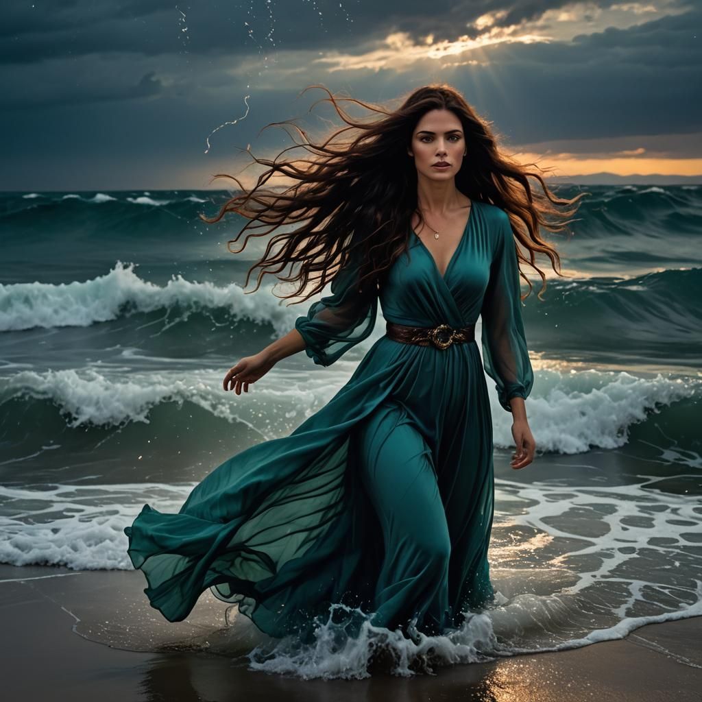 Woman in Bioluminescent Ocean After Tempest