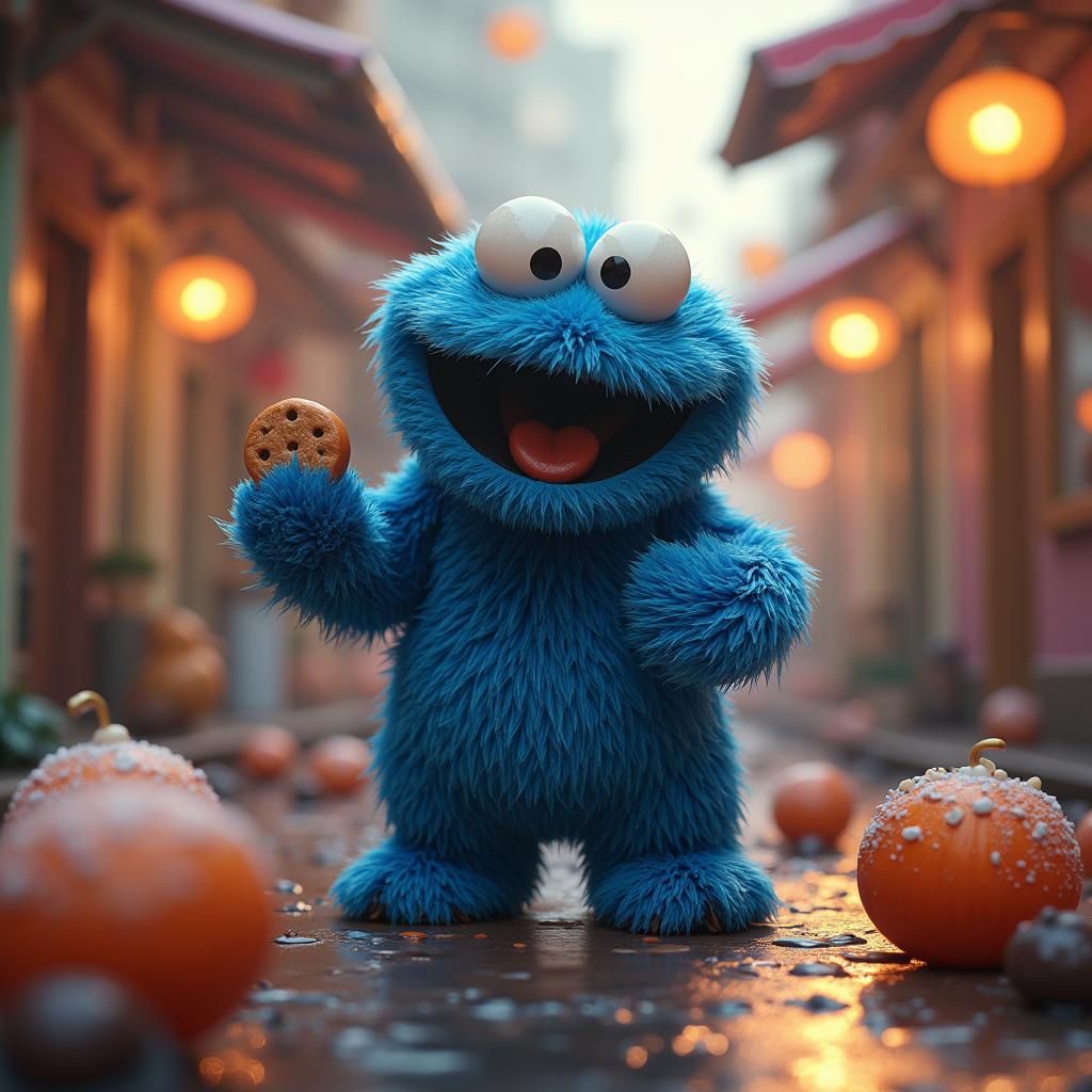 Cookie Monster in a Fantastical, Vibrant Dessert Scene