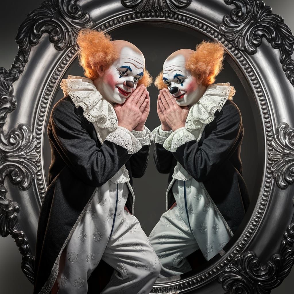 French Pierrot Clown and Mirror Reflection