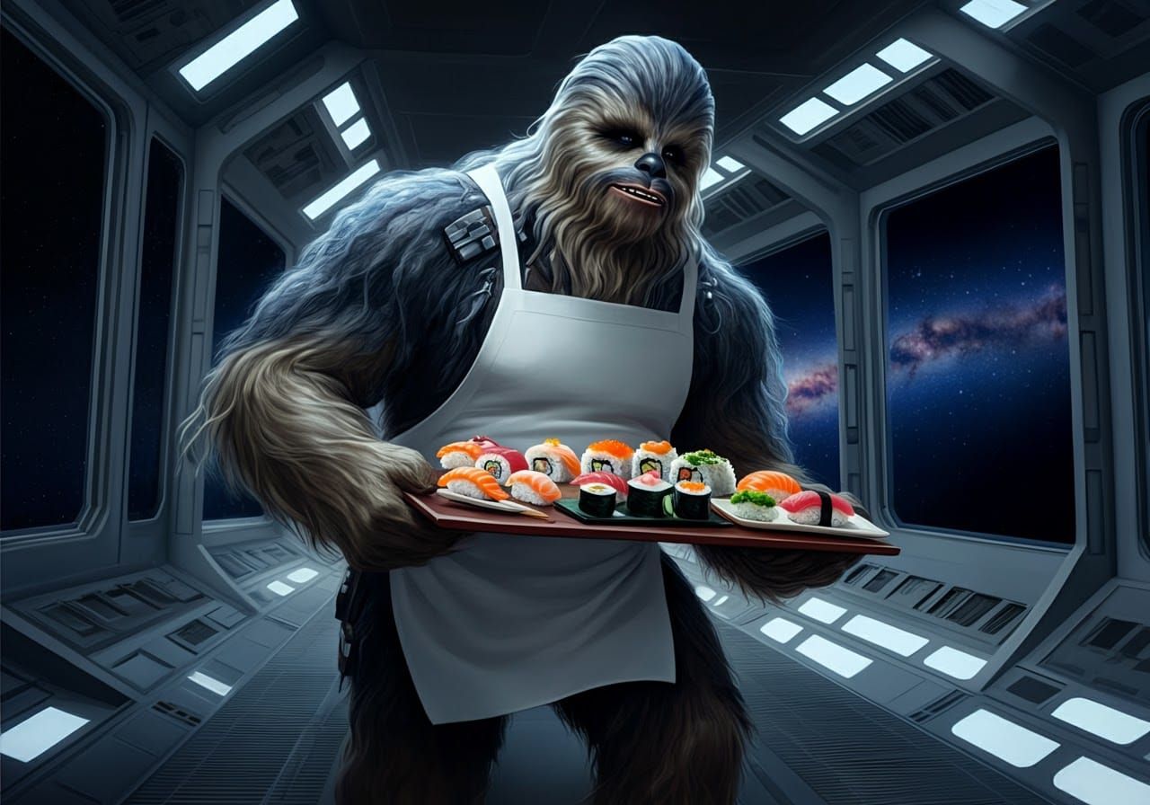 Cyberpunk Wookiee Sushi Chef in Futuristic Starship