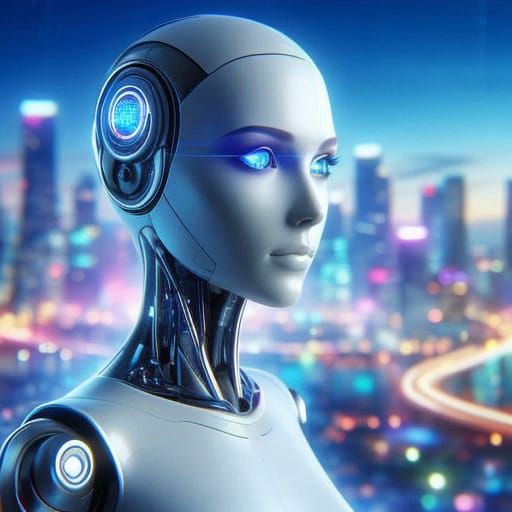 Android Portrait in Futurism Style with Glowing Blue Circuit...