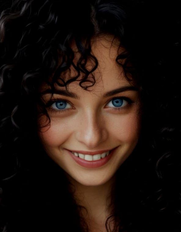 Woman with Curly Hair and Blue Eyes