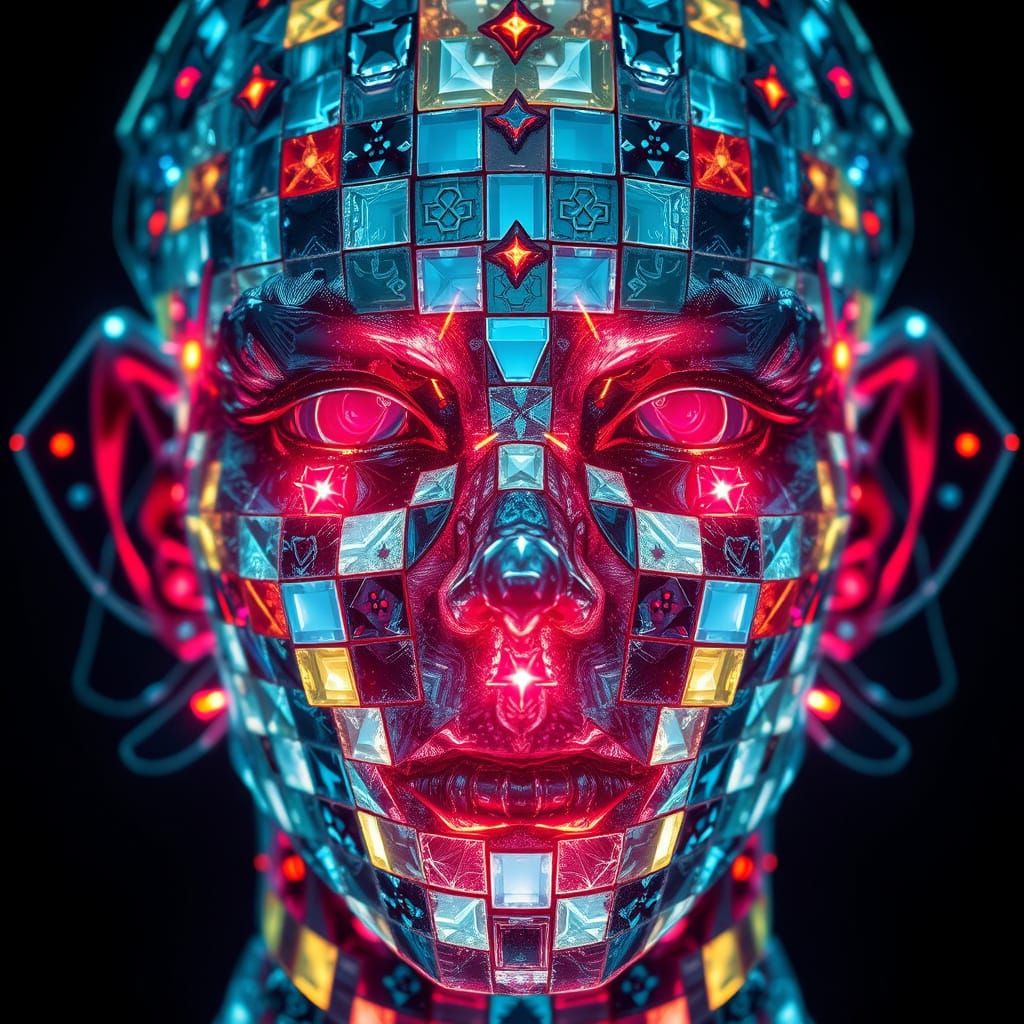 Surreal Glyph-Glass Face with Storm-Forged Mirror Tiles in R...