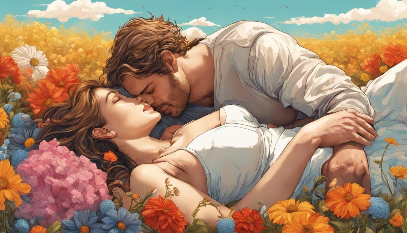 Romantic Lovers Kissing in Wildflower Meadow