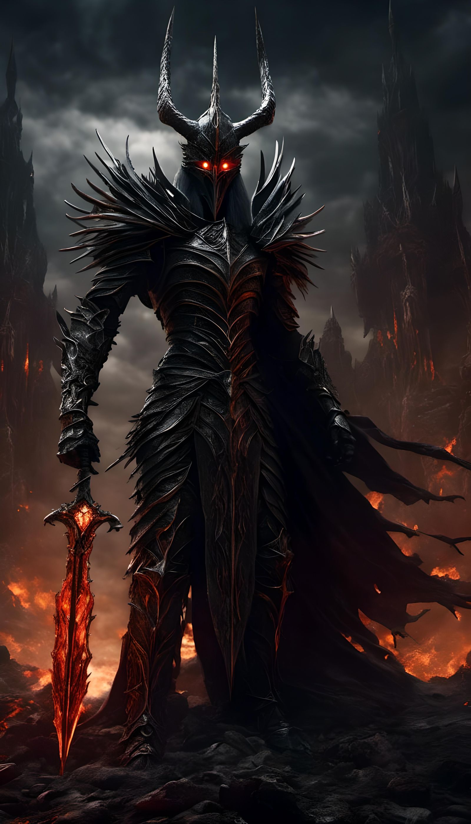 Armored Dark Lord Sauron in a Fiery Landscape
