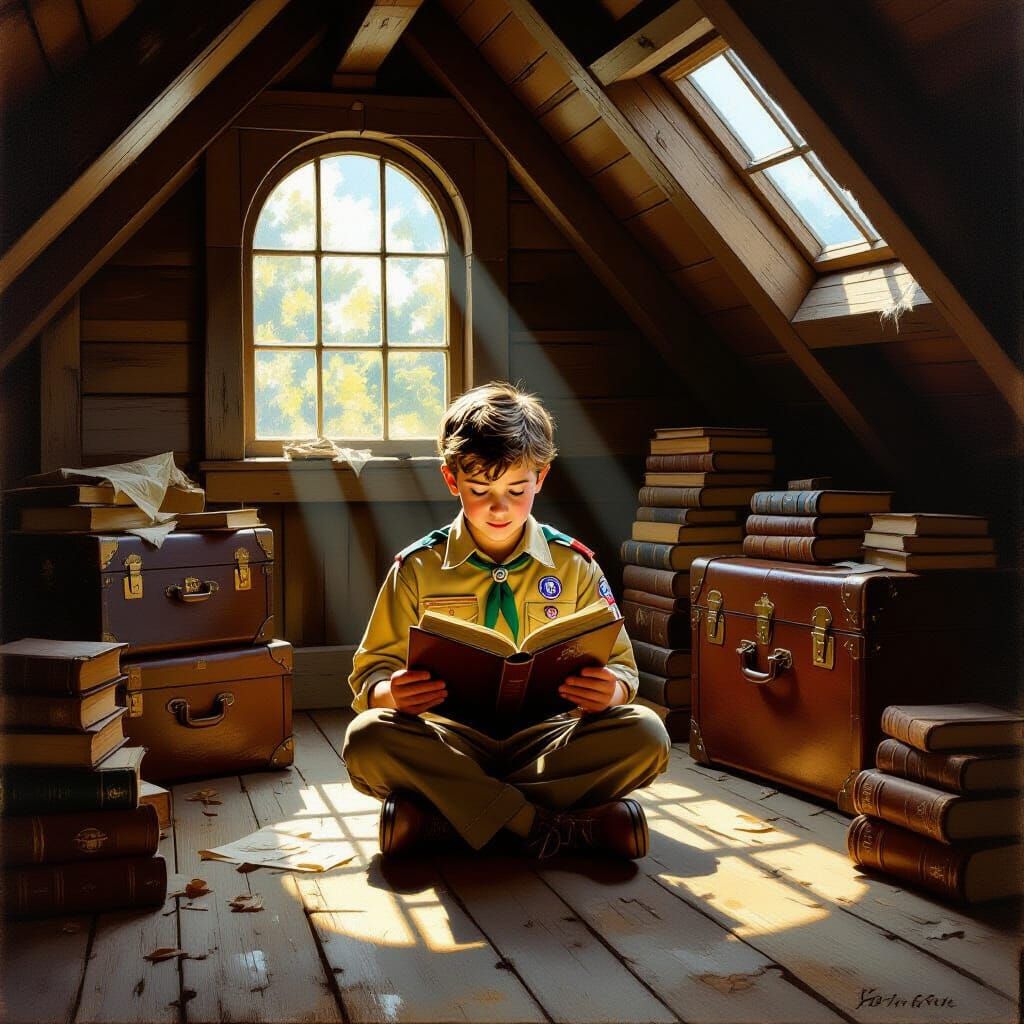 Boy Scout Reading in Dusty Attic Oil Painting