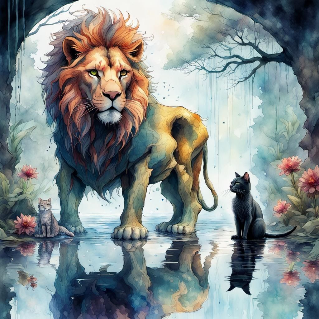 Mirrored Lion and Cat in Fantasycore Landscape