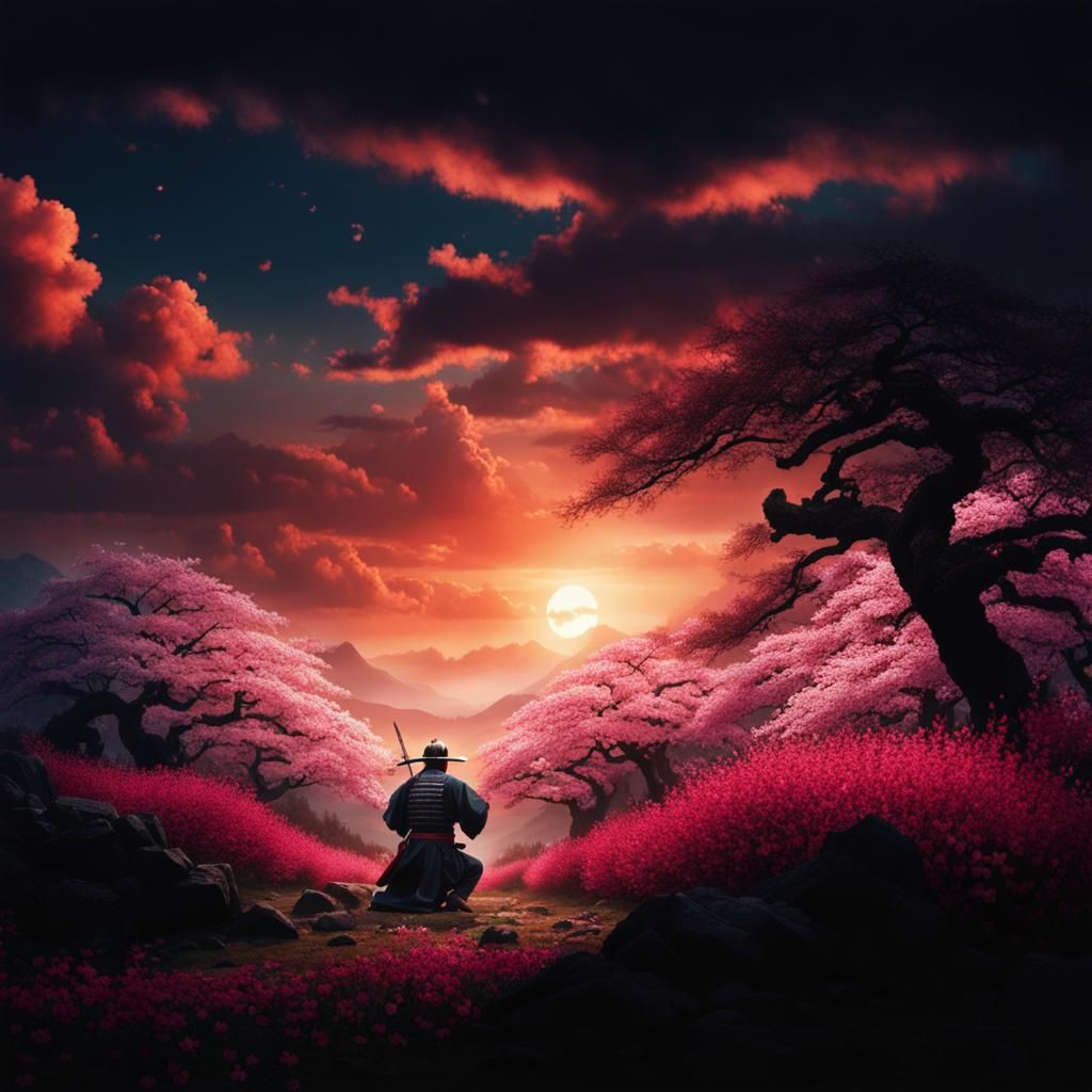 Wounded Samurai in Cherry Blossom Grove: Matte Painting