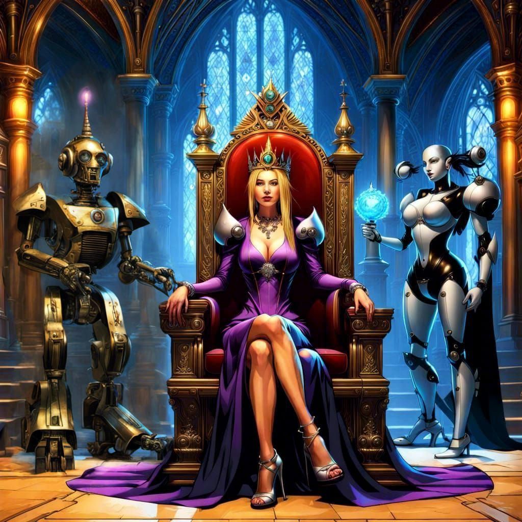 Medieval Queen with Cybernetic Butlers in Renaissancecore St...