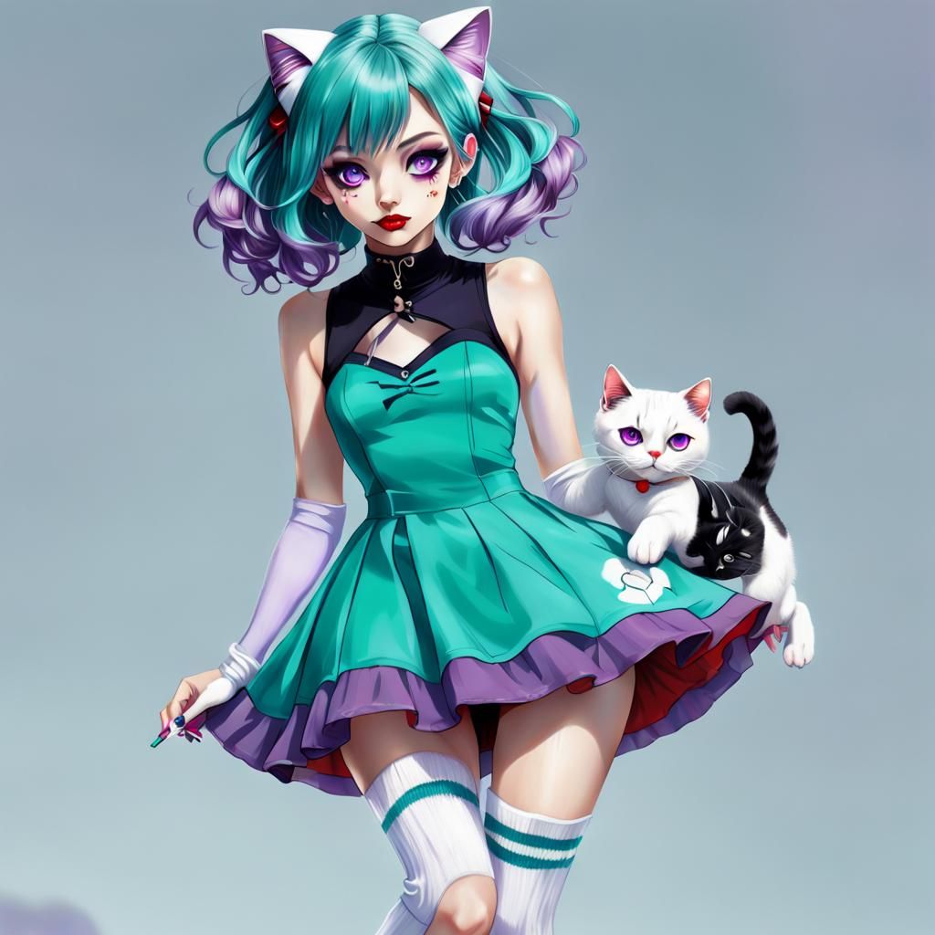 Anime Girl with Teal Hair and Purple Eyes