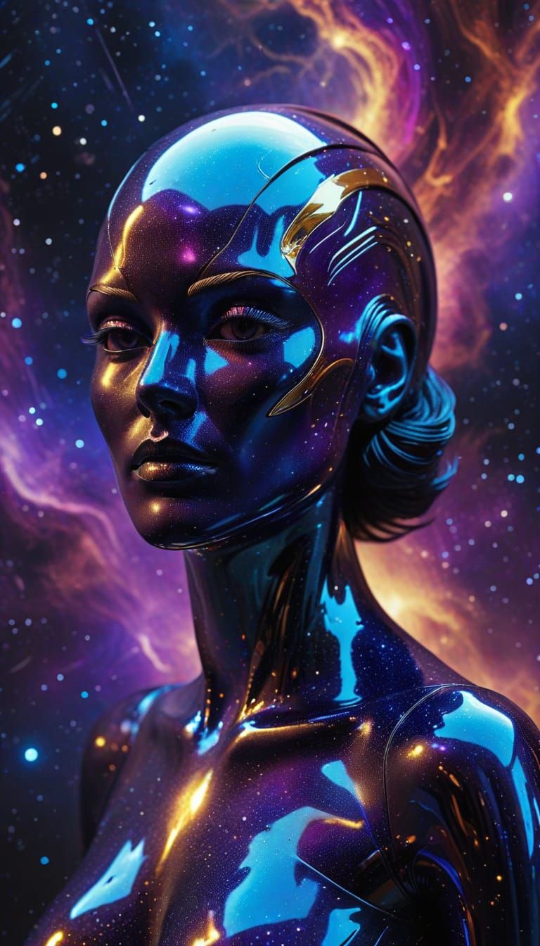 Surreal Cosmic Goddess in Metallic Helmet