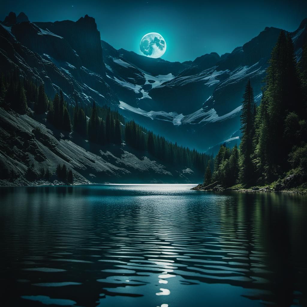 Dramatic Waterfall and Moon Reflection: Cinematic Film Still