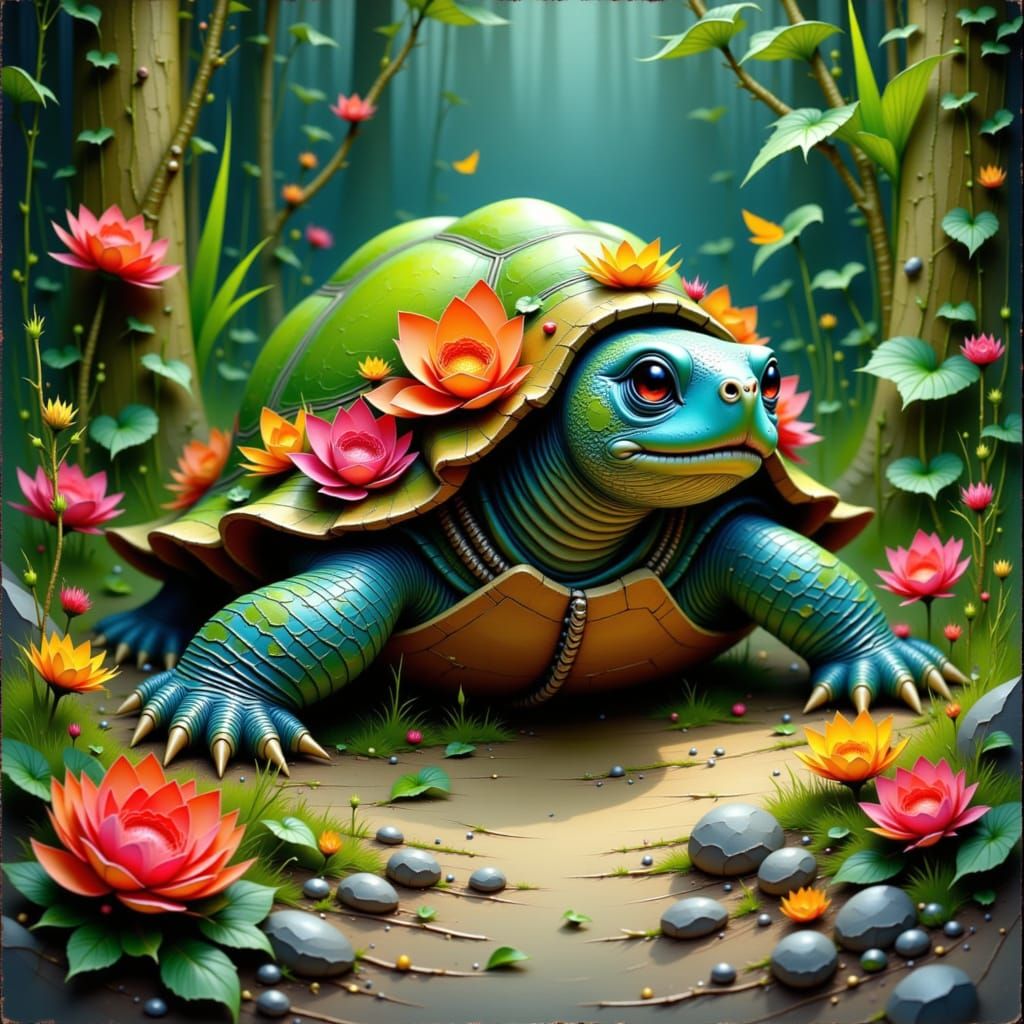 Hawaiian Turtle in Lush Greenery, Surreal Art Style