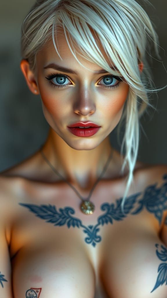 Platinum-Haired Woman with Piercing Blue Eyes Portrait