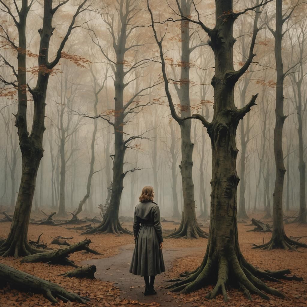 Fantasy Landscape with Woman in Park, Ink Painting Style