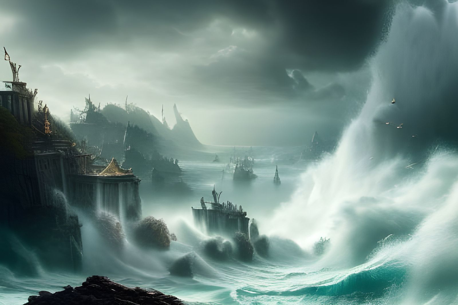 Epic Waterfall in Rough Sea: Digital Matte Painting