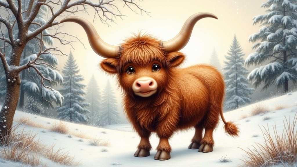 Highland Cow in Winter Wonderland with Enchanted Forest