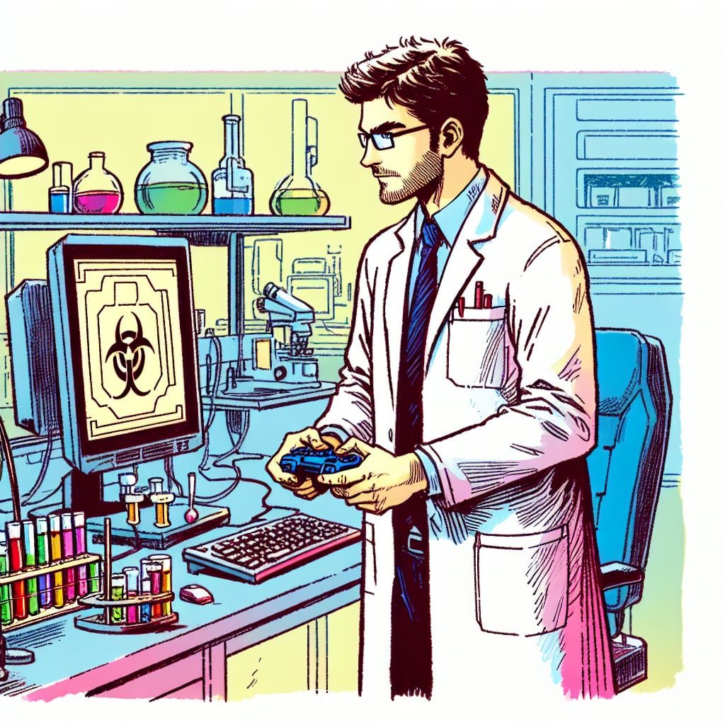 Scientist Immersed in Video Game, Ink Illustration