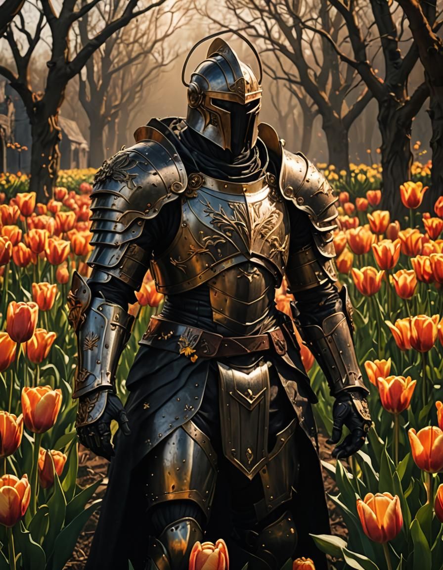 Biblical Figure in Armor Surrounded by Tulips