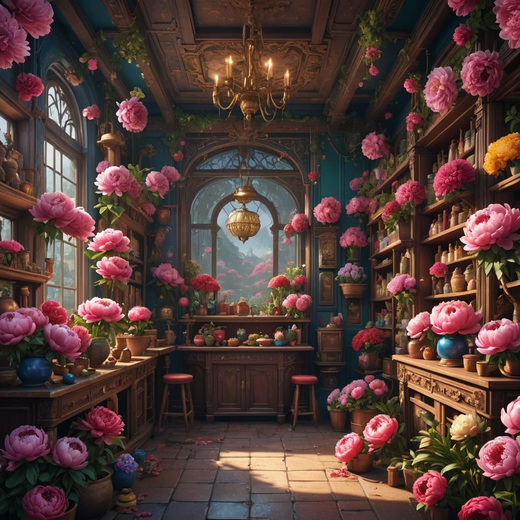 Vibrant Peony Shop in Detailed Matte Painting