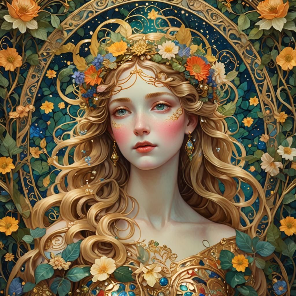 Goddess Venus in Klimt-Inspired Art Nouveau Garden