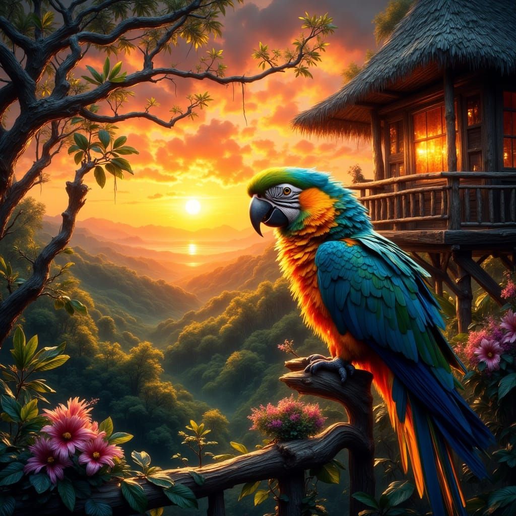 Parrot in Jungle Treehouse at Sunset as Impasto Painting