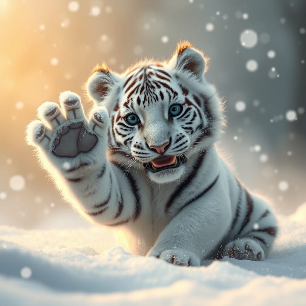 Whimsical Snow Tiger Waves Hello in a Golden Glow