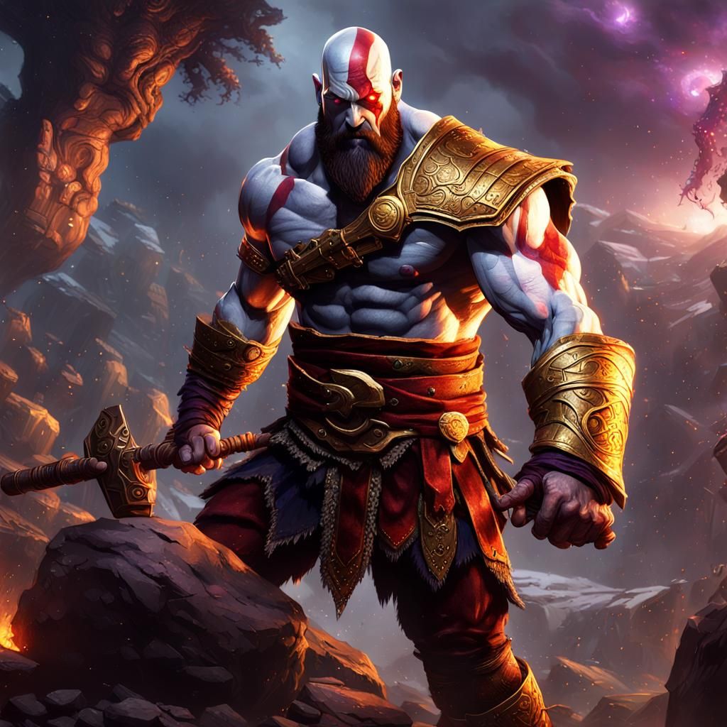 Kratos Battles Giant: Dark Fantasy Concept Art