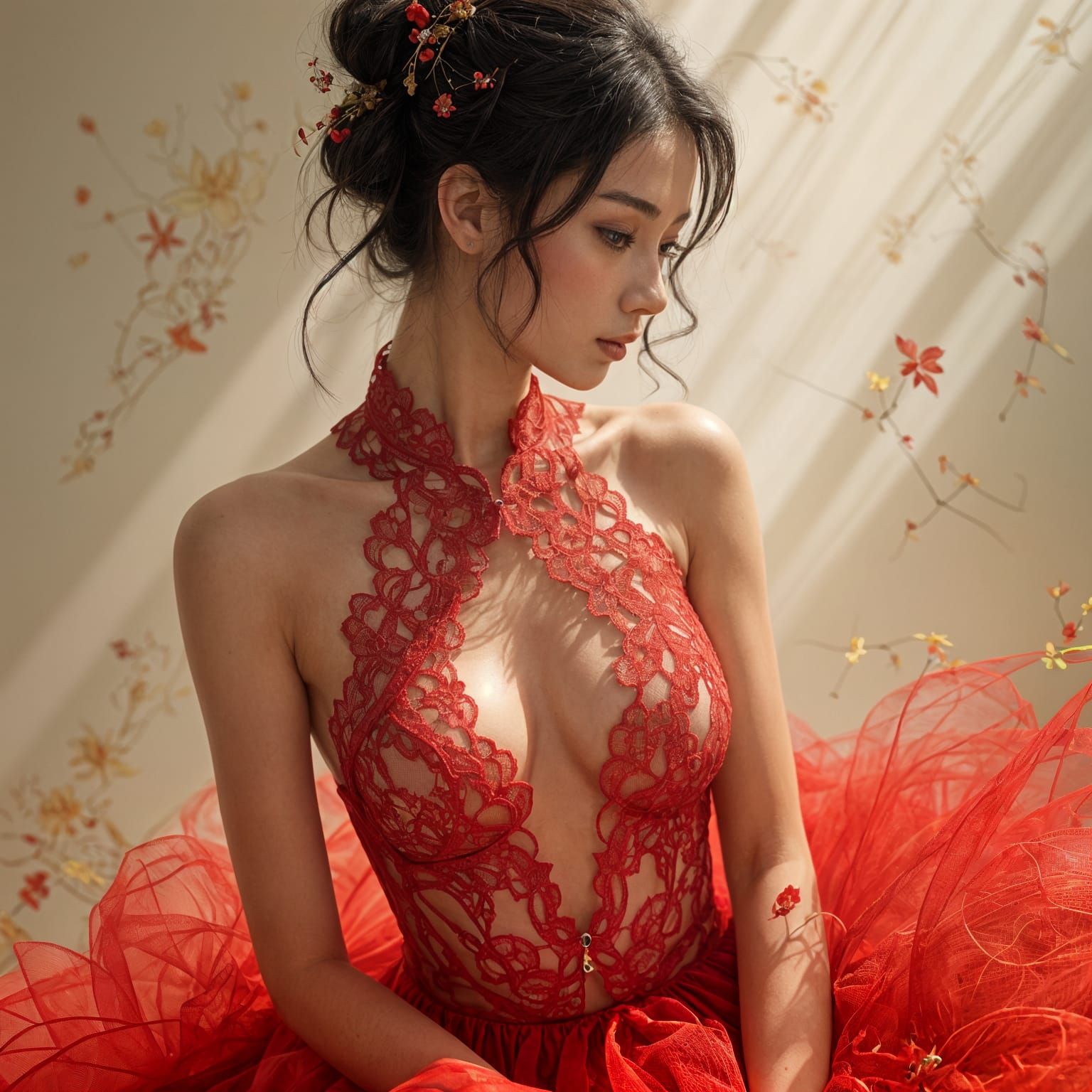 Elegant Asian Woman in Crimson Lacy Bodysuit