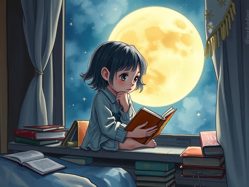 Girl Lost in Thought on Moonlit Windowsill