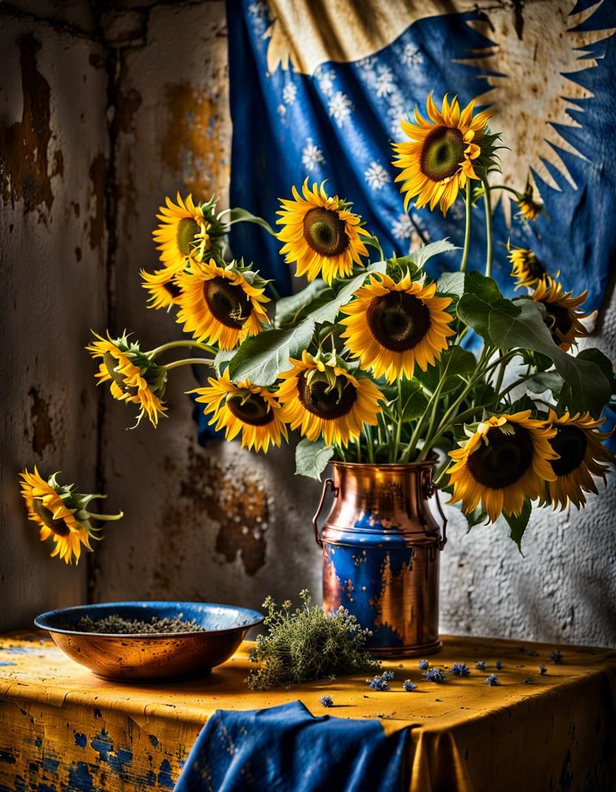 Sunflowers and Delft Blue Flowers by Window