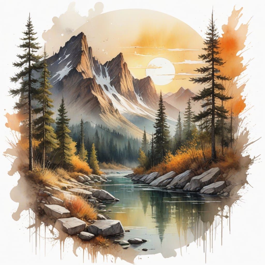 Surreal Sunset Mountain Landscape with Soft Watercolor Gradi...