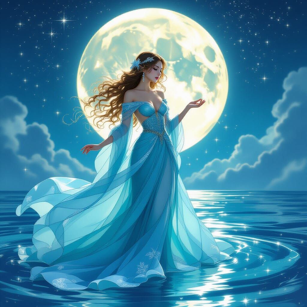 Pisces Princess Under Full Moon in Ethereal Style