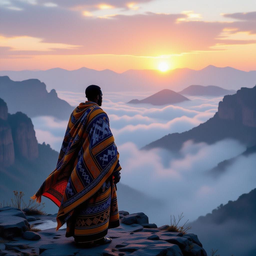 African Man Contemplates Misty Mountains at Dawn in Dramatic...