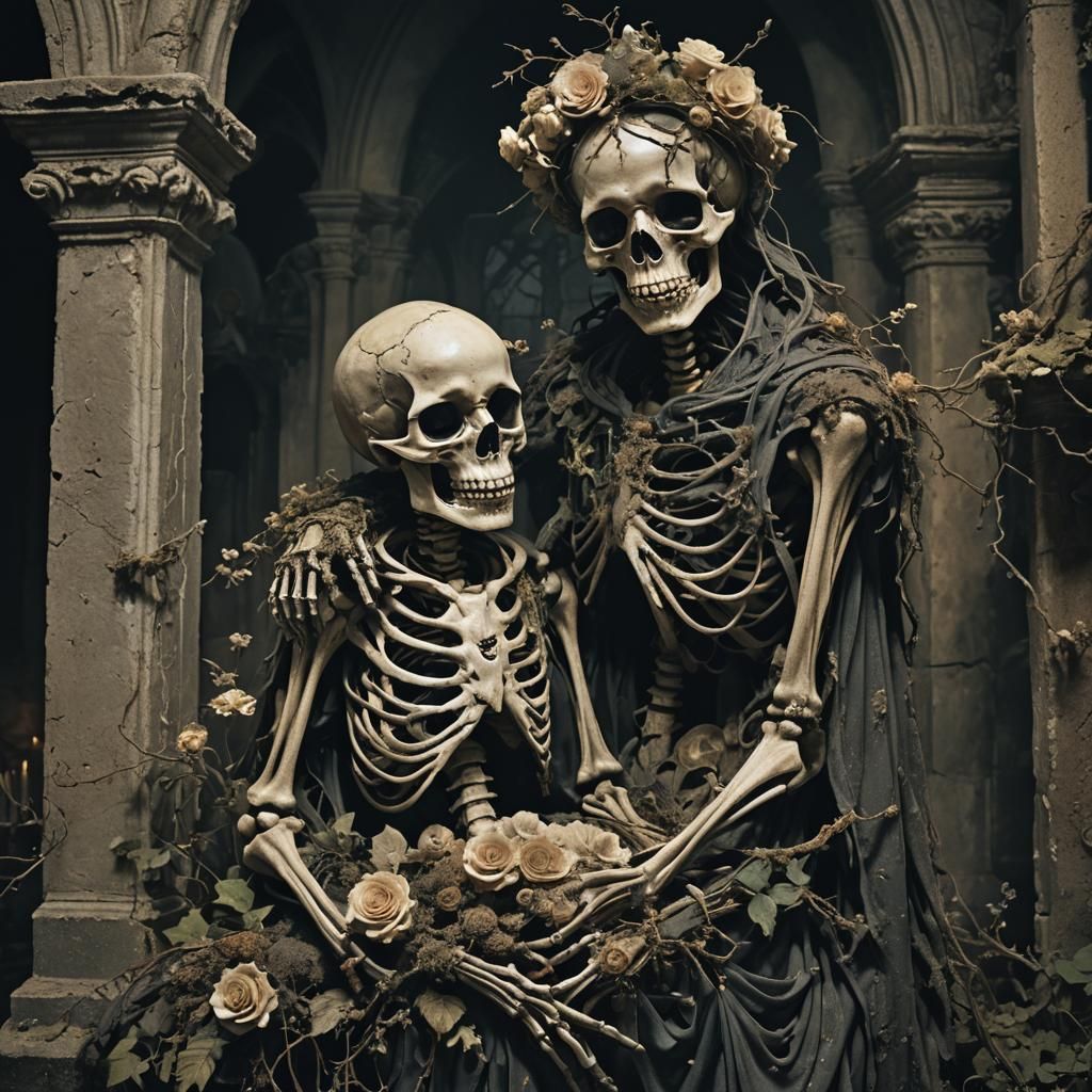 Skeleton Cradling Decaying Infant in Dark Fantasy Horror