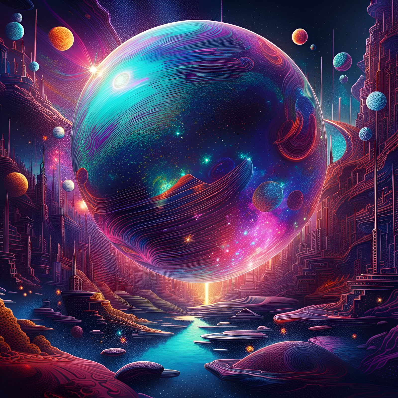 Iridescent Galactic Planet in Mixed Media Illustration