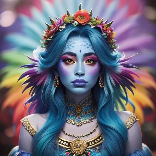 Rainbow Dragon Woman with Flower Crown, Sharp Focus