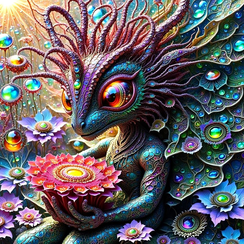 Intricate Dragoness Playing Rainbow Djembé Drum