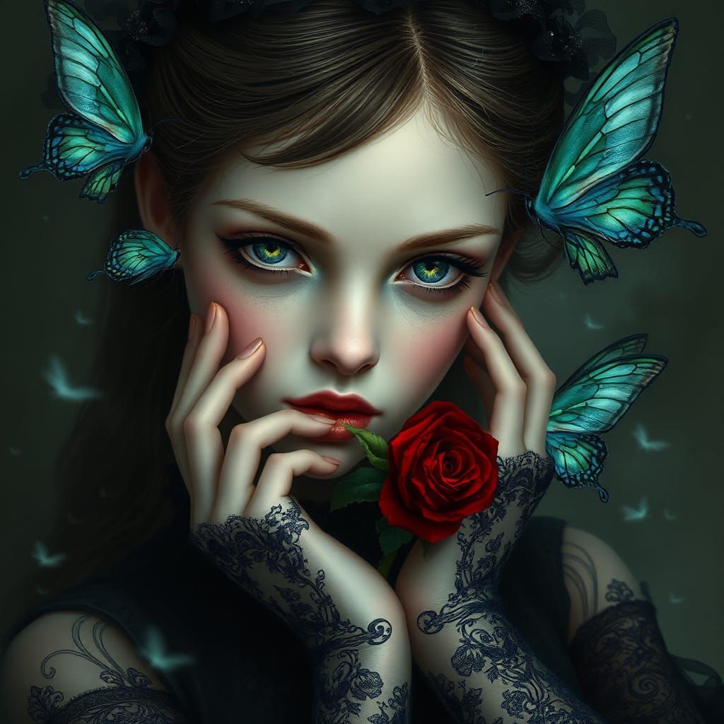 Gothic Girl with Butterflies in Dark Fantasy Style