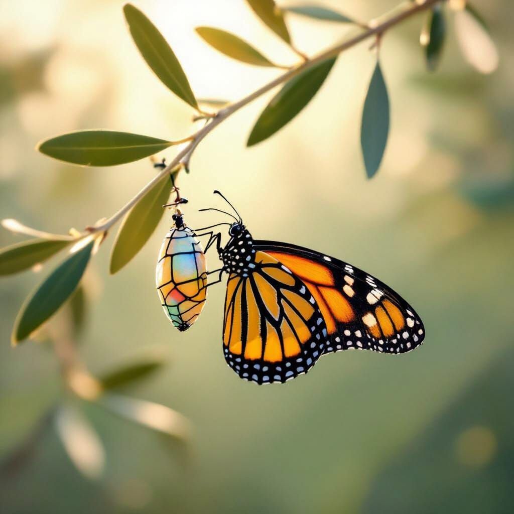 Monarch Butterfly Emerges from Chrysalis on Olive Branch