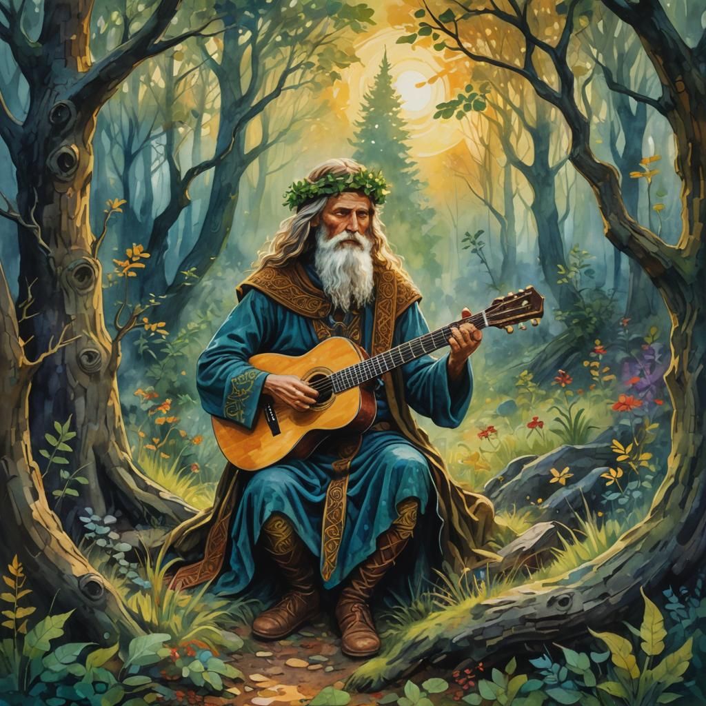 Celtic Druid Plays Guitar: Impressionist Gouache Painting