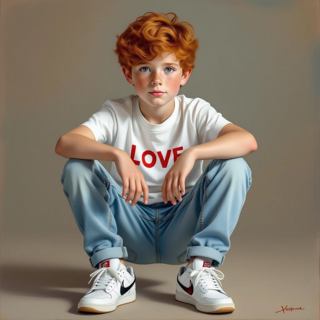 Young Boy with Red Hair and Freckles in Casual Outfit