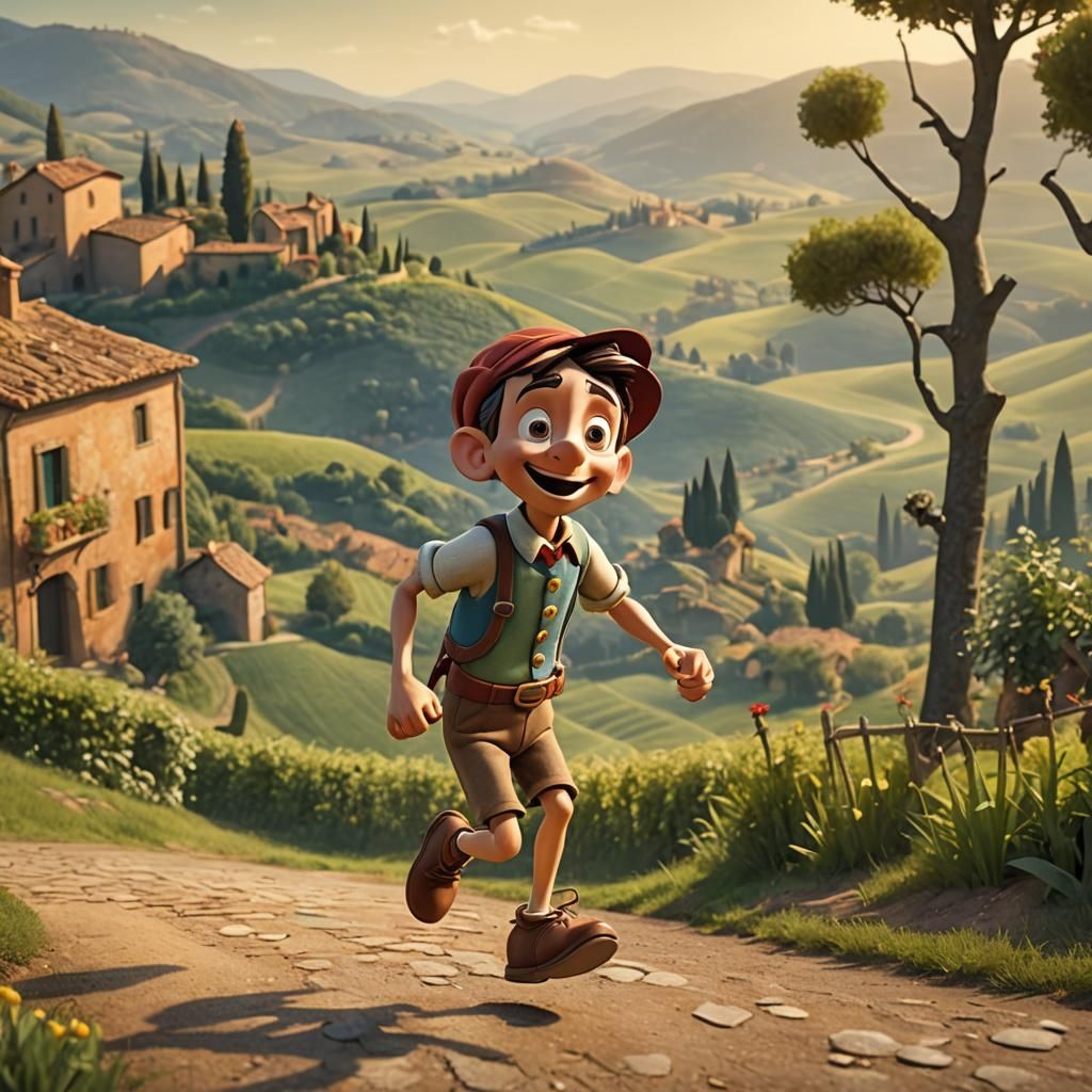 Joyful Robot Pinocchio in Tuscany: 3D Digital Art