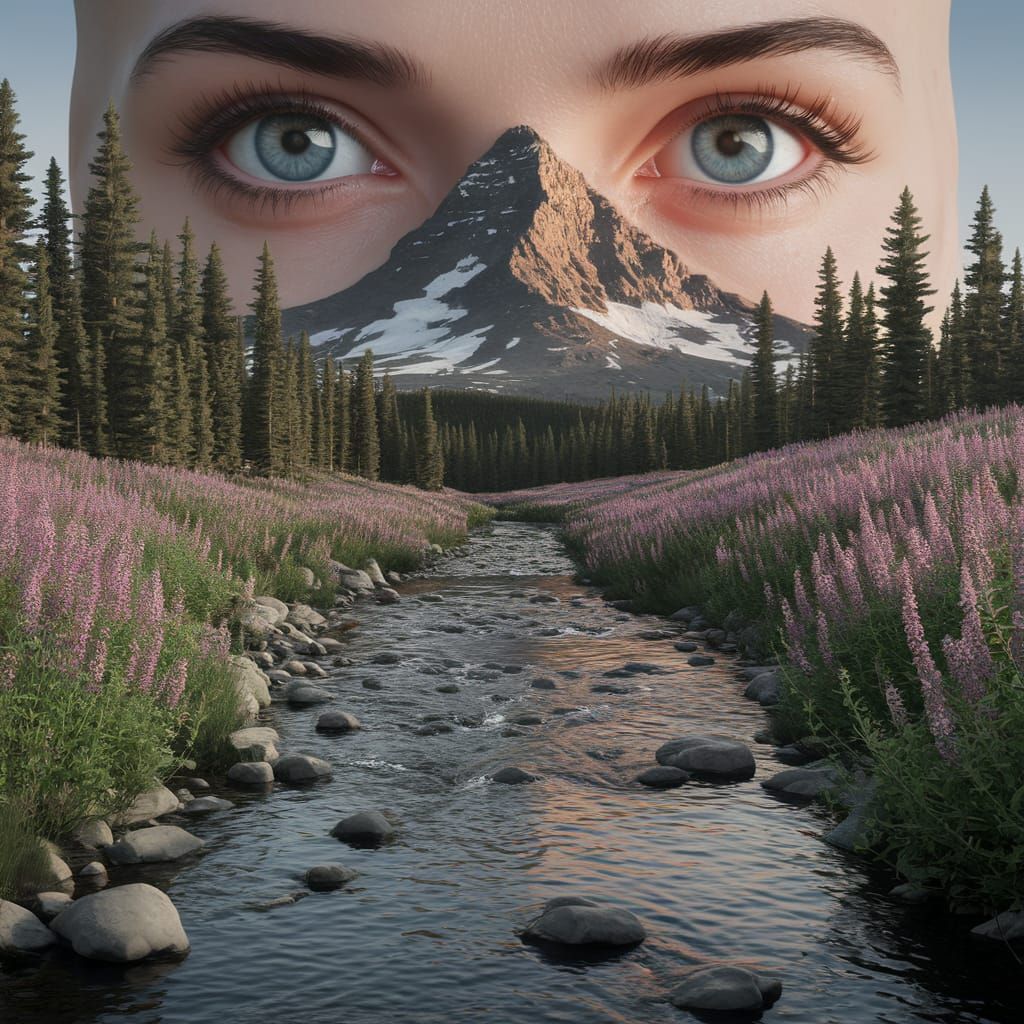 Hyperrealistic Mountain Landscape with Vibrant Flowers